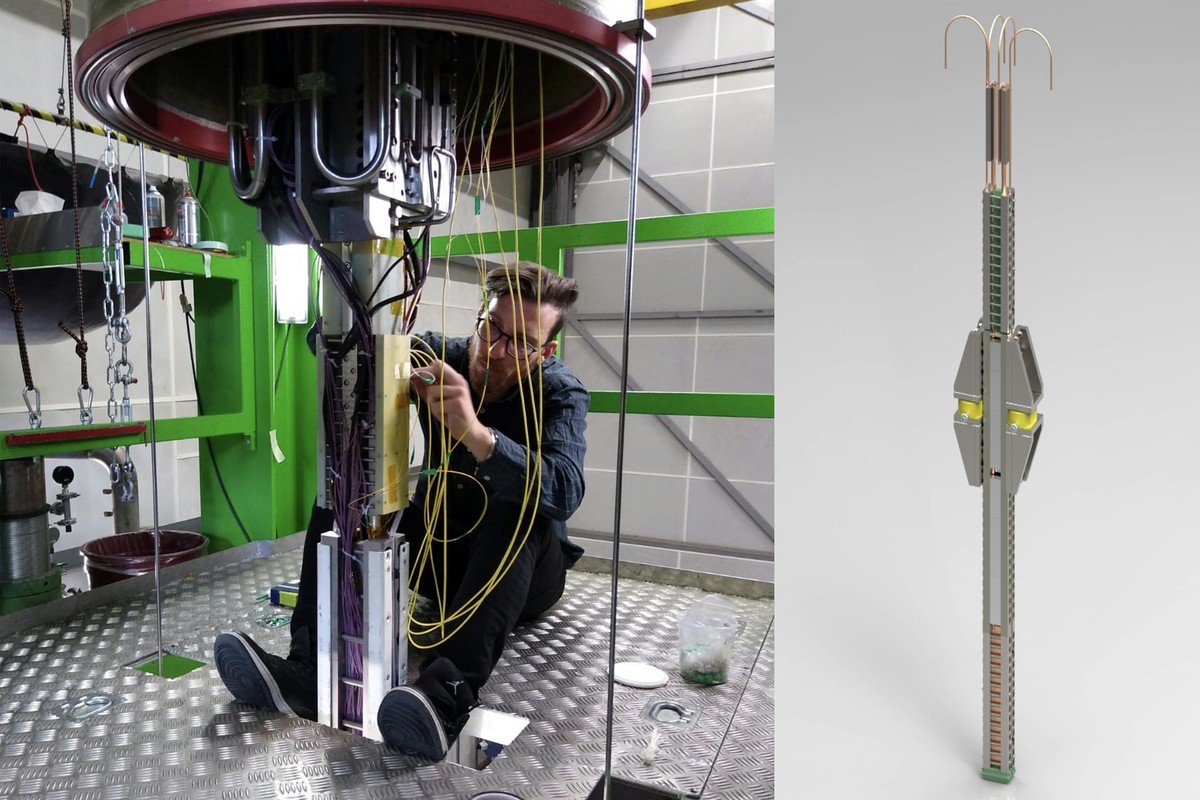 Left— Bernardo Castaldo, a CERN researcher, works to install fiber-optic quench detection systems onto the VIPER cable at the SULTAN test facility in Villigen, Switzerland / CFS. Right: CAD rendering of the VIPER cable test assembly for the third SULTAN cable test / Jose Estrada, MIT PSFC