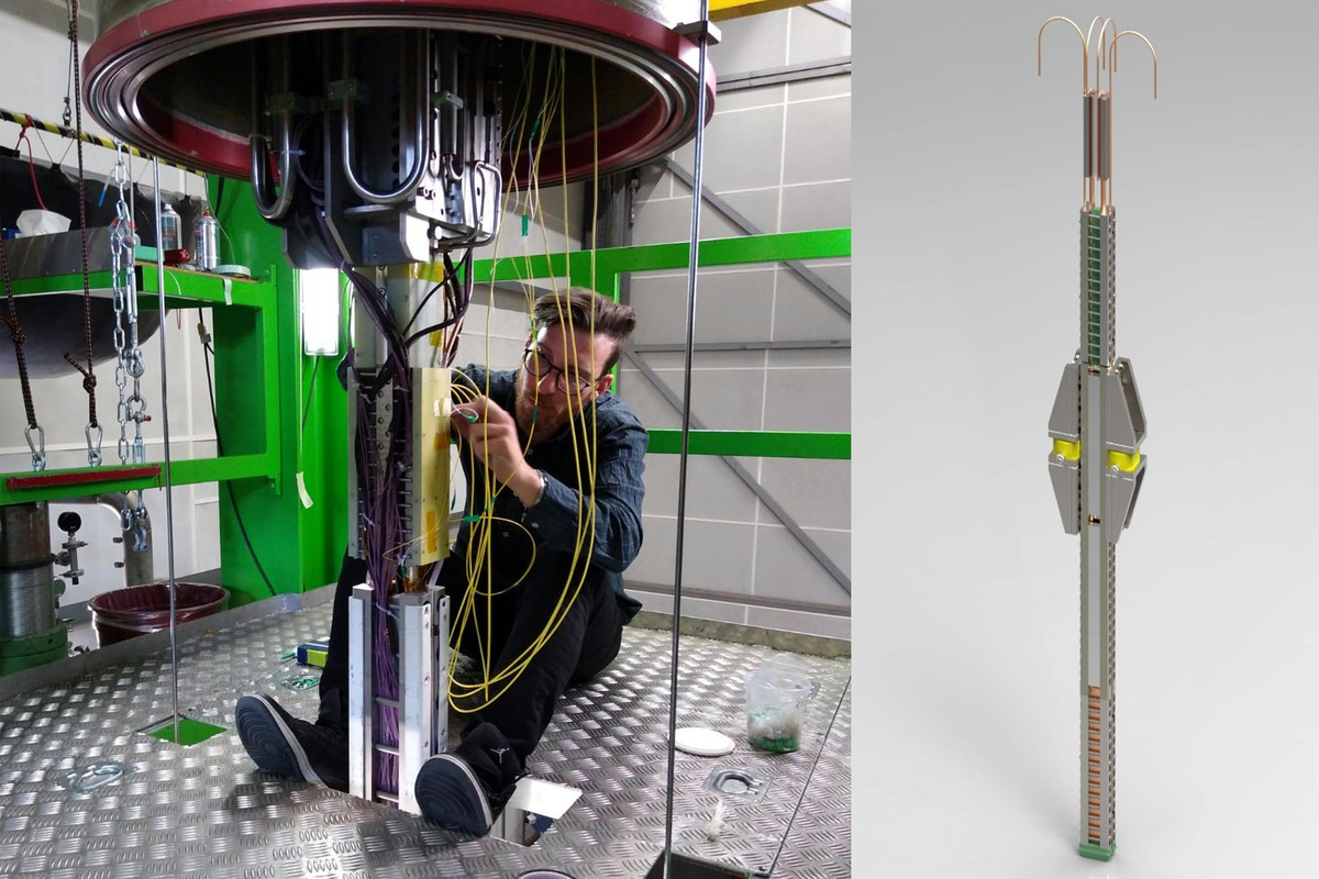 Left— Bernardo Castaldo, a CERN researcher, works to install fiber-optic quench detection systems onto the VIPER cable at the SULTAN test facility in Villigen, Switzerland / CFS. Right: CAD rendering of the VIPER cable test assembly for the third SULTAN cable test / Jose Estrada, MIT PSFC